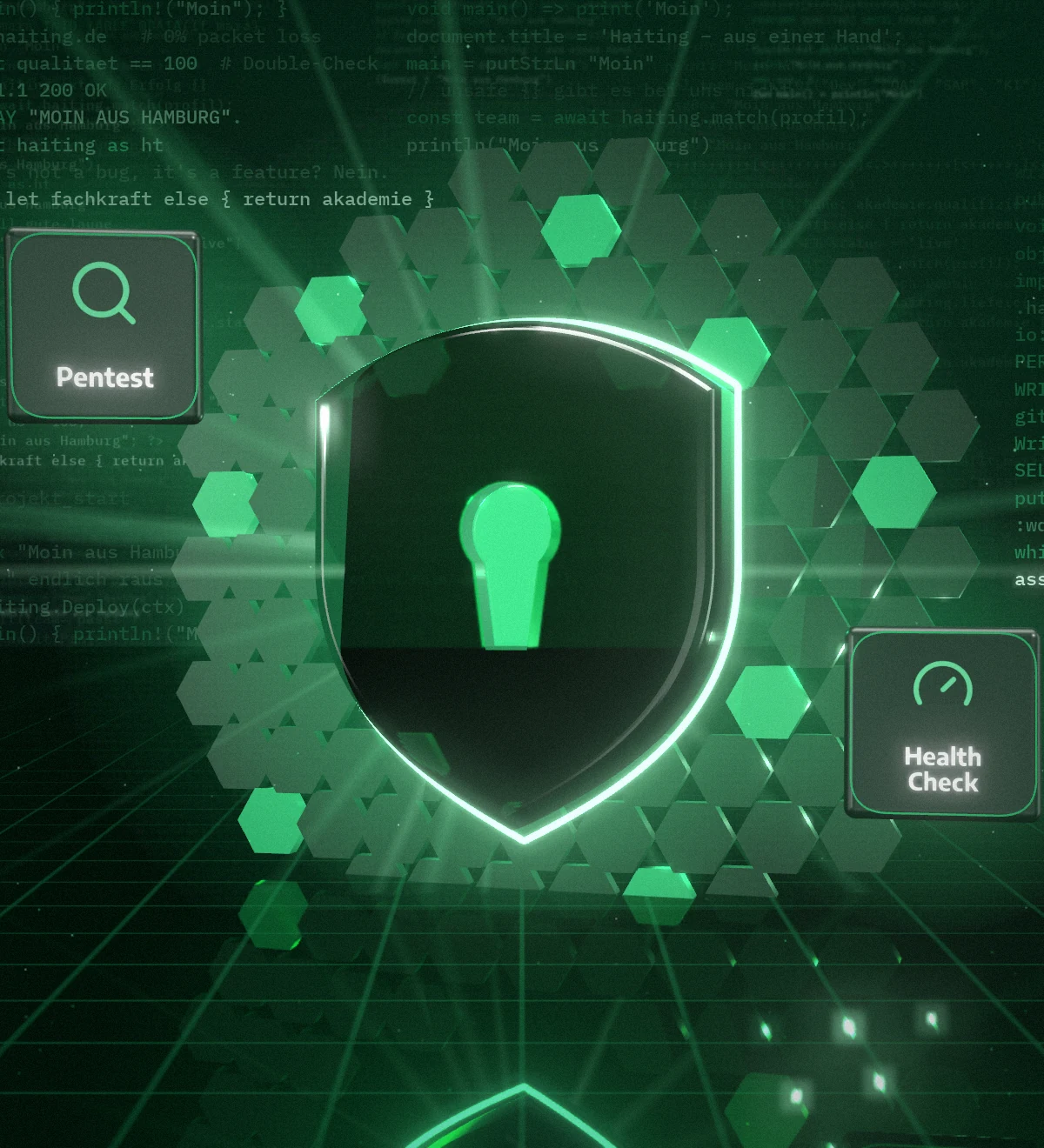Glasschild mit leuchtendem Schlüsselloch vor einem Hexagon-Schutzfeld, dazu Pentest und Health Check