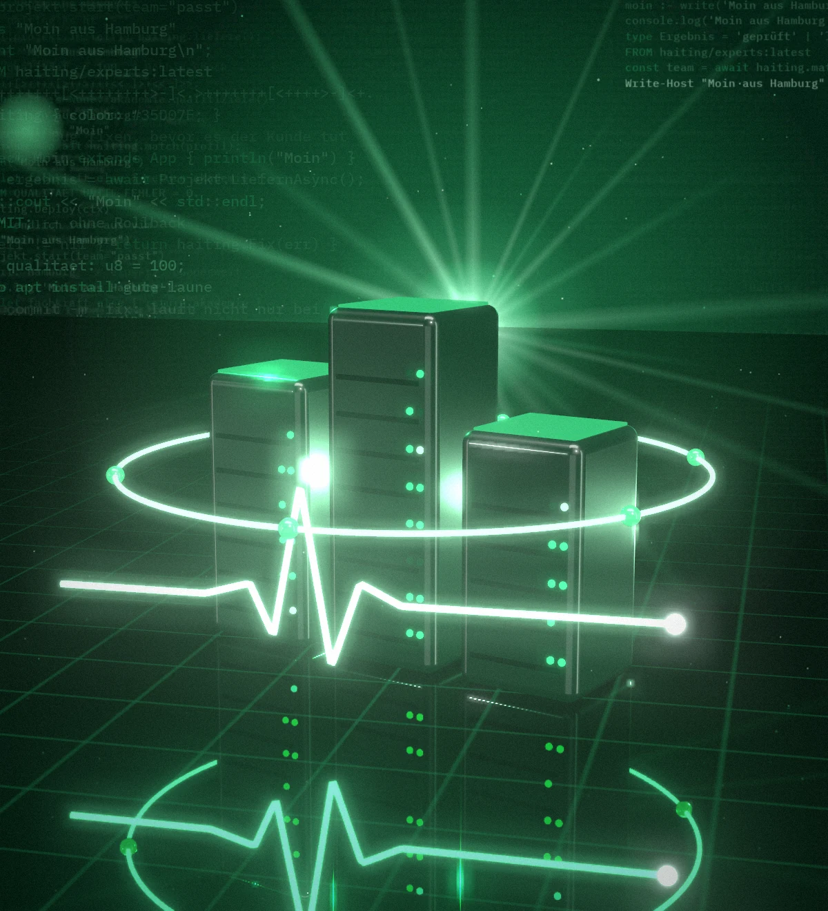 Server-Türme mit Status-LEDs, Monitoring-Ring und Pulslinie