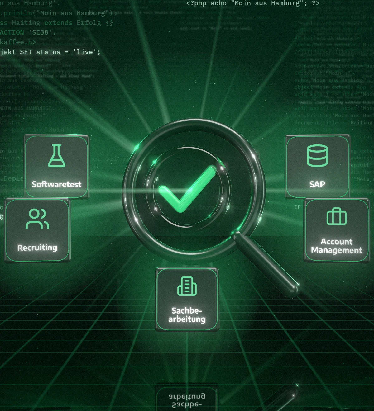 Lupe über dem Haiting-Haken, umgeben von Berufsfeldern wie Softwaretest, SAP, Account Management, Recruiting und Sachbearbeitung