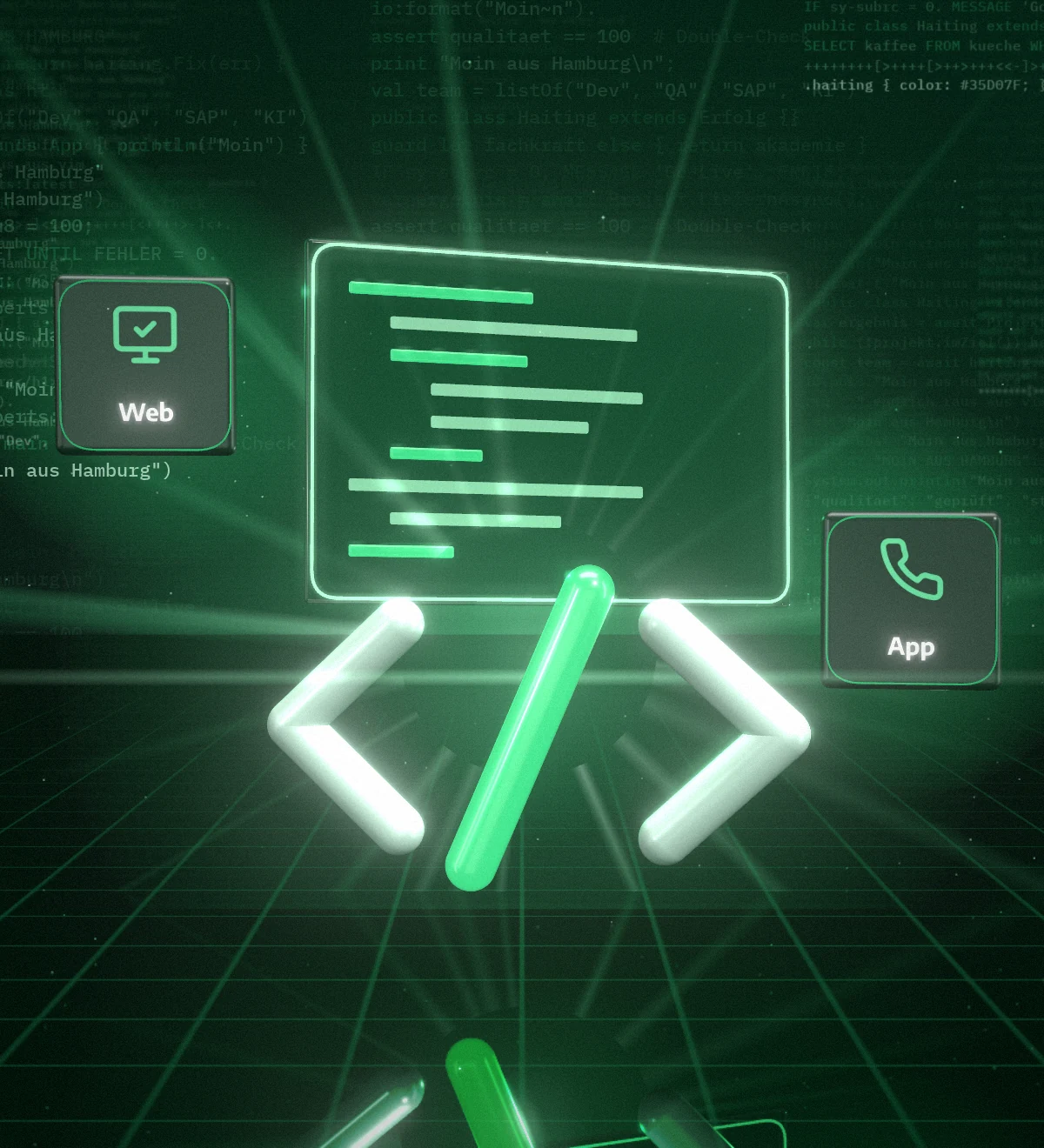 Leuchtendes Code-Symbol vor einem Editor-Fenster, daneben Web und App