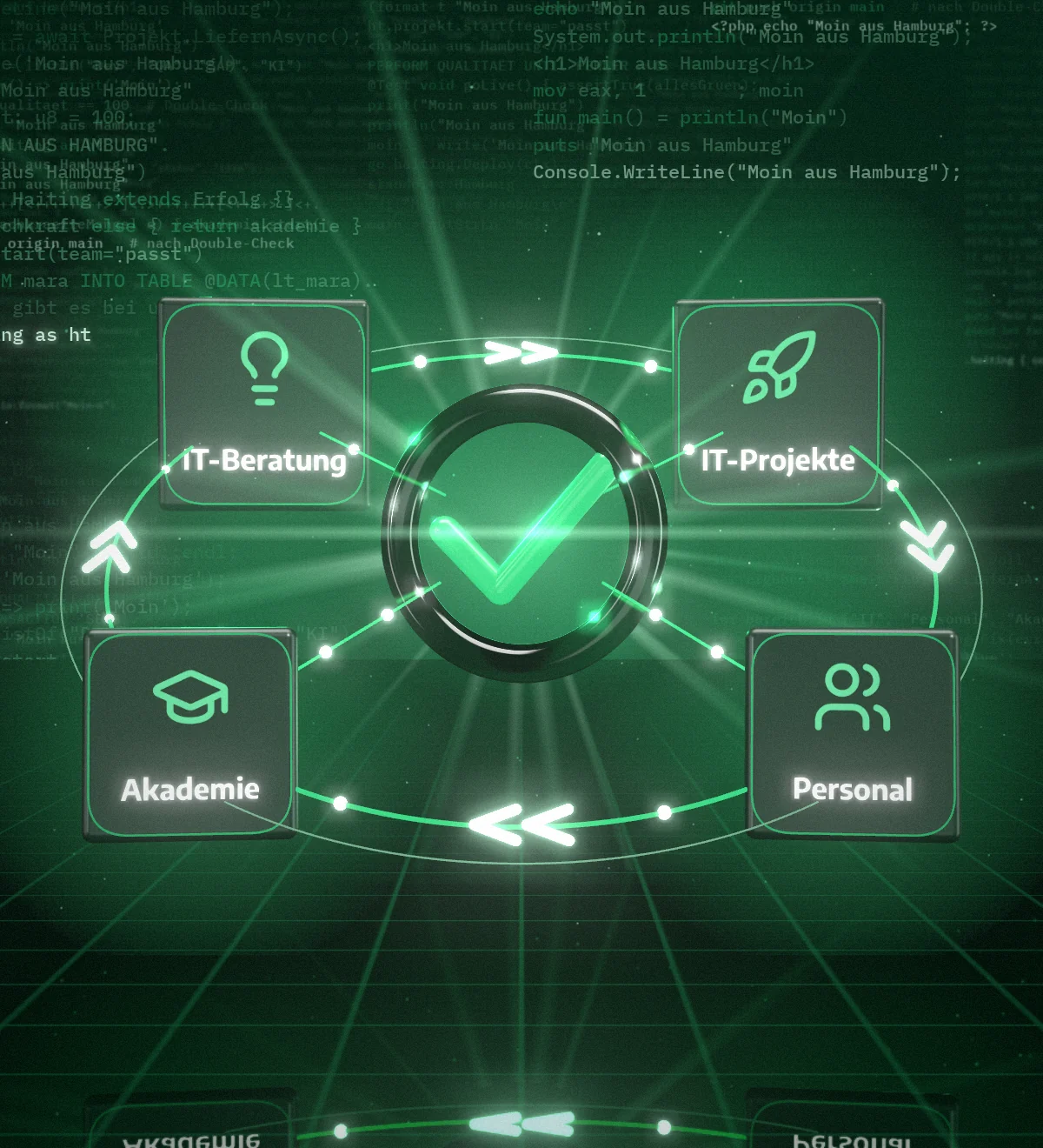 Der Haiting-Kreislauf: IT-Beratung, IT-Projekte, Personal und Akademie rund um den Haiting-Haken vor einer Wand aus Programmcode